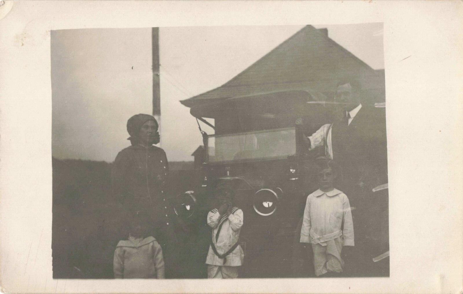 Janesville Wisconsin, Family Old Car Railroad Depot VTG RPPC Real Photo Postcard