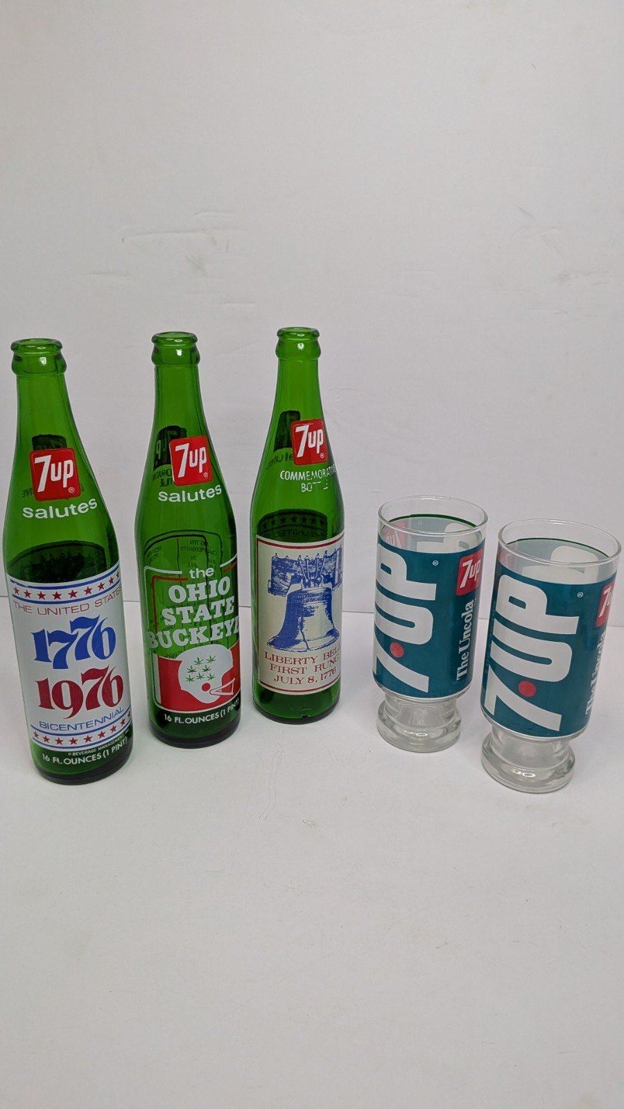 Vintage 1970s 7Up Commemorative Green Glass Bottles The Uncola Footed Glass Lot