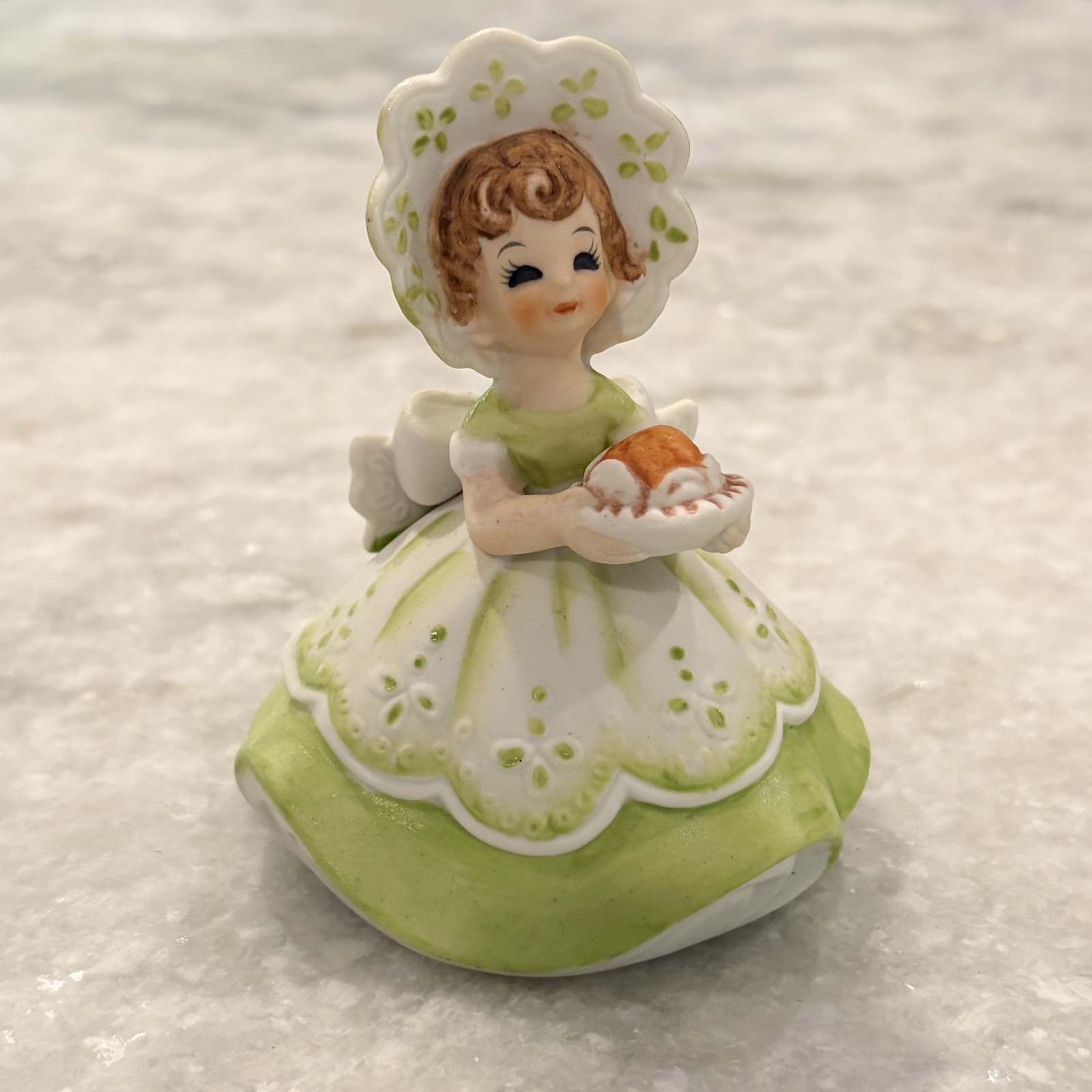 Josef Original Figurine Recipe Girl Black Eyes Green Pie Signed MCM MINT Bisque