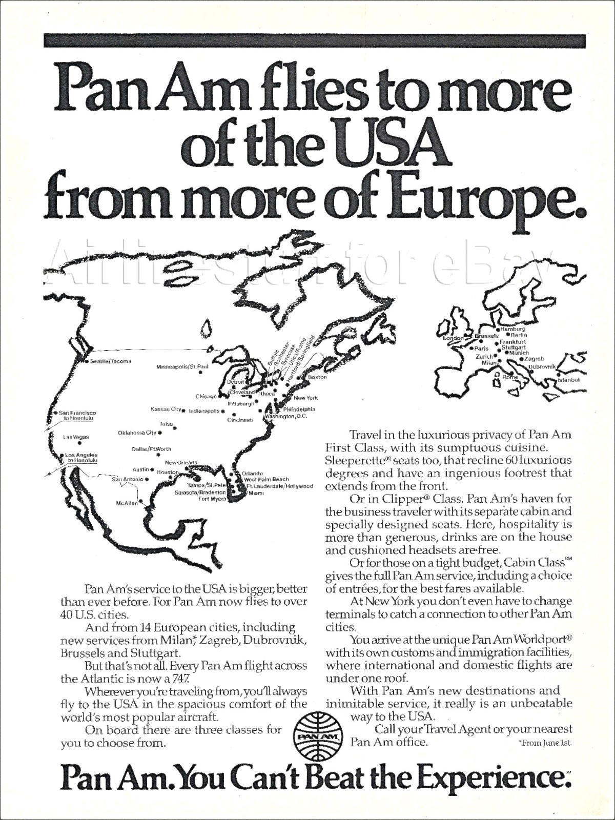 1983 PAN AM ad American World Airways airlines MORE OF THE USA FROM EUROPE