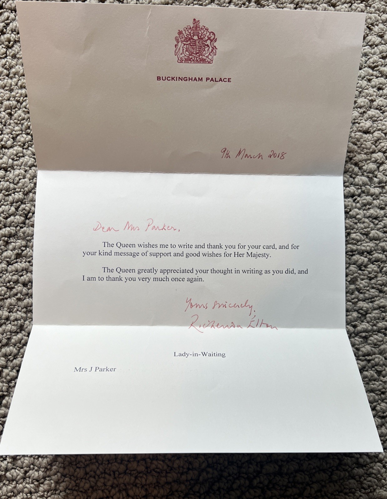Thank You letter From Queen Elizabeth’s Lady-in Waiting Buckingham Palace