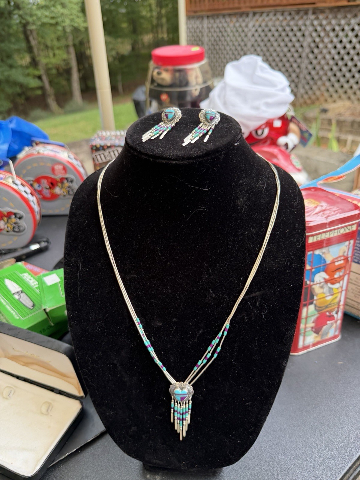 Vintage Handmade Beaded Silver Native American Necklace And Earrings Set