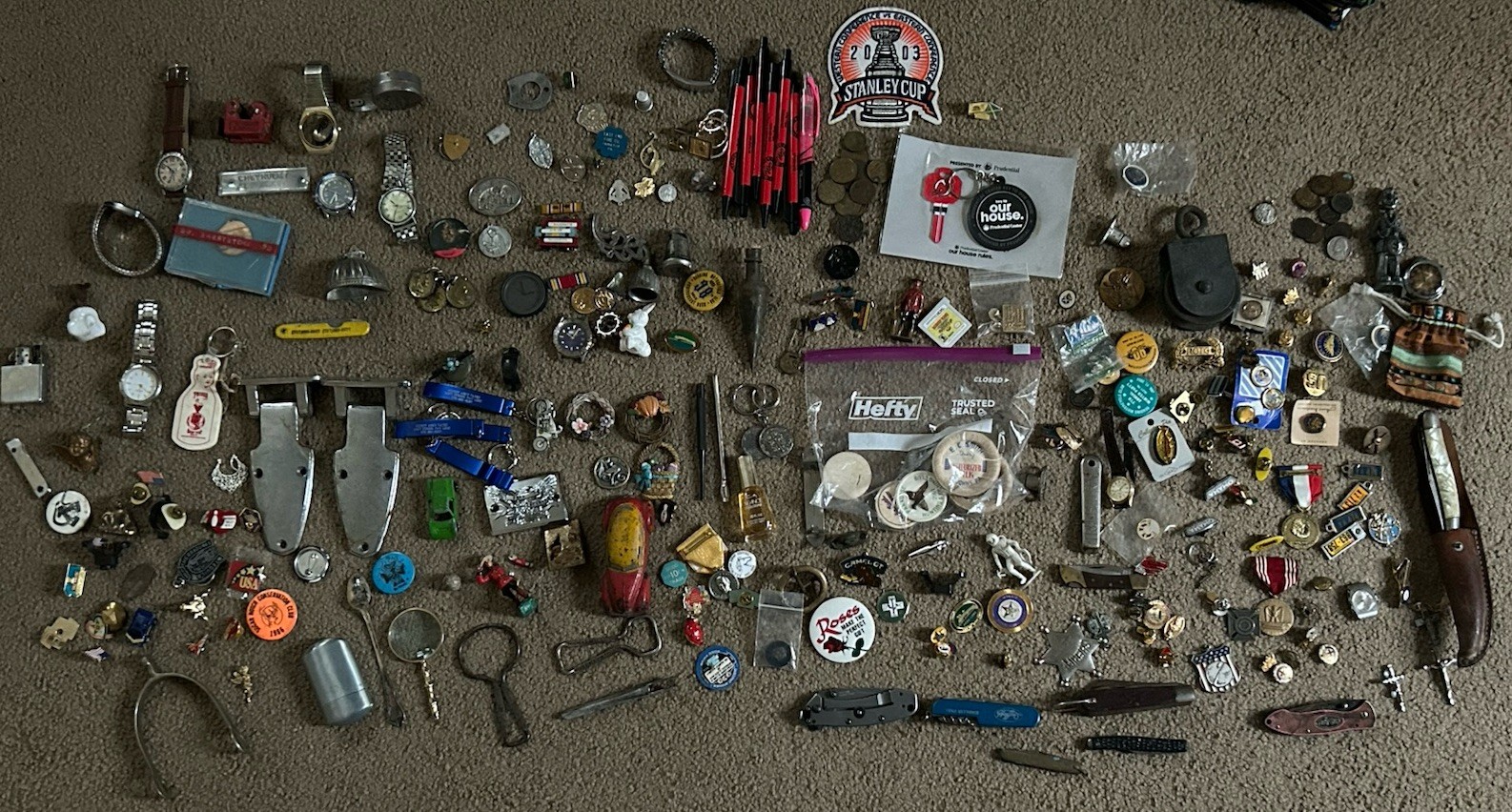 Huge Lot of Vintage Smalls Advertising Pins Coins Tokens Watches Knives Etc. Huge Lot of Vintage Smalls Advertising Pins Coins Tokens Watches Knives Etc.