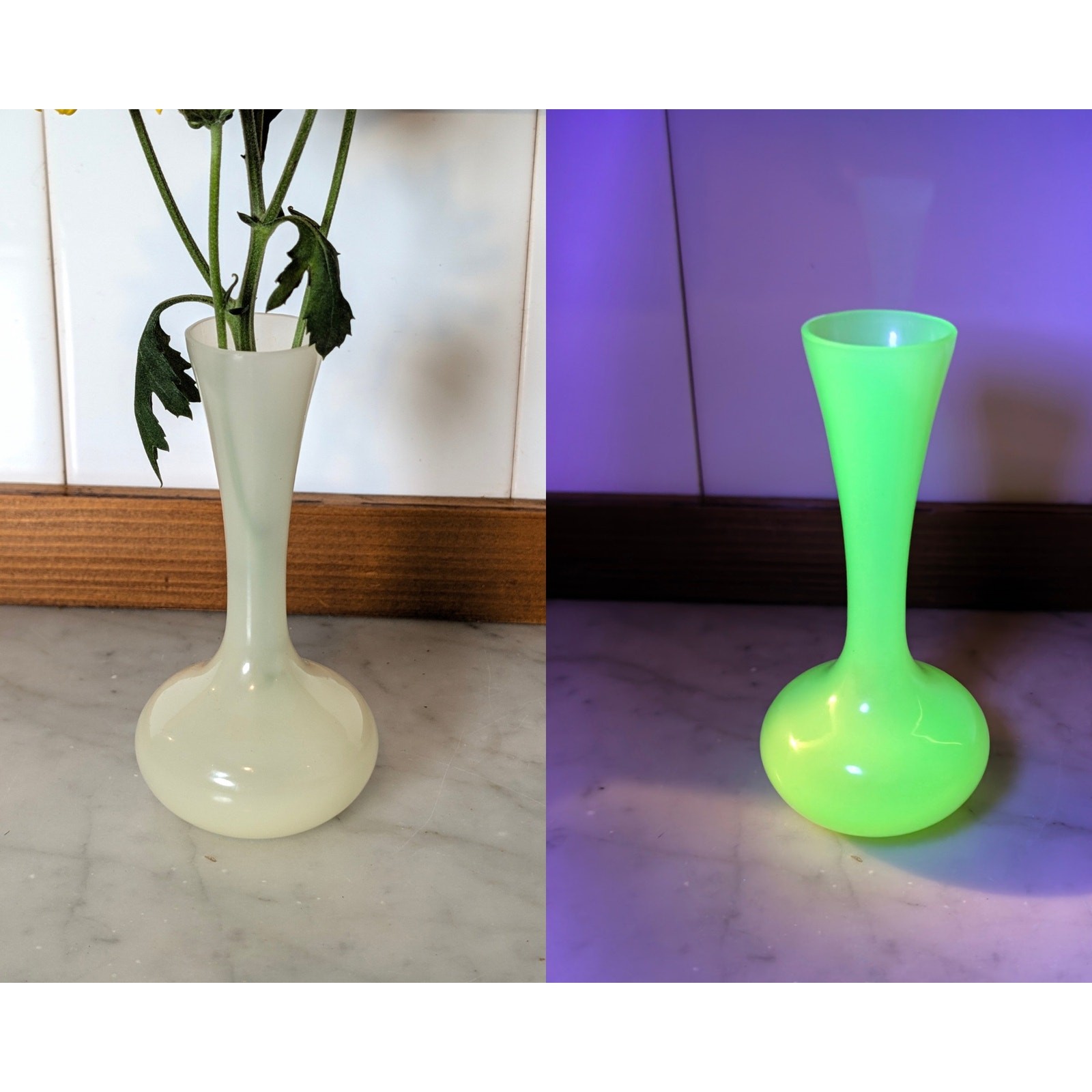 Vintage Uranium Custard Glass Bud Vase Glowing Mid Century Opaline Solifleur
