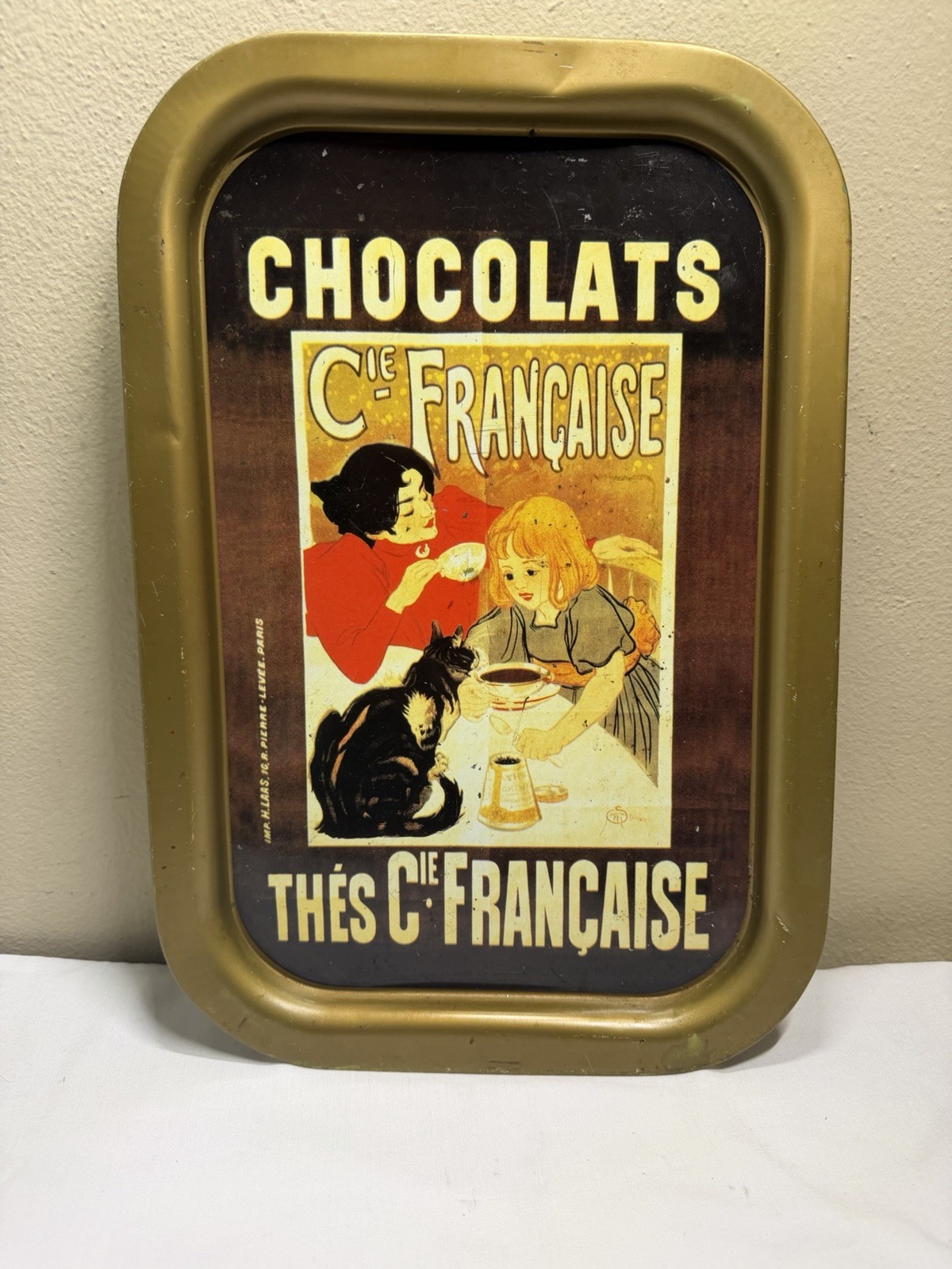 Vintage French Chocolate & Tea Cat Metal Serving Tray Wall Decor AS IS