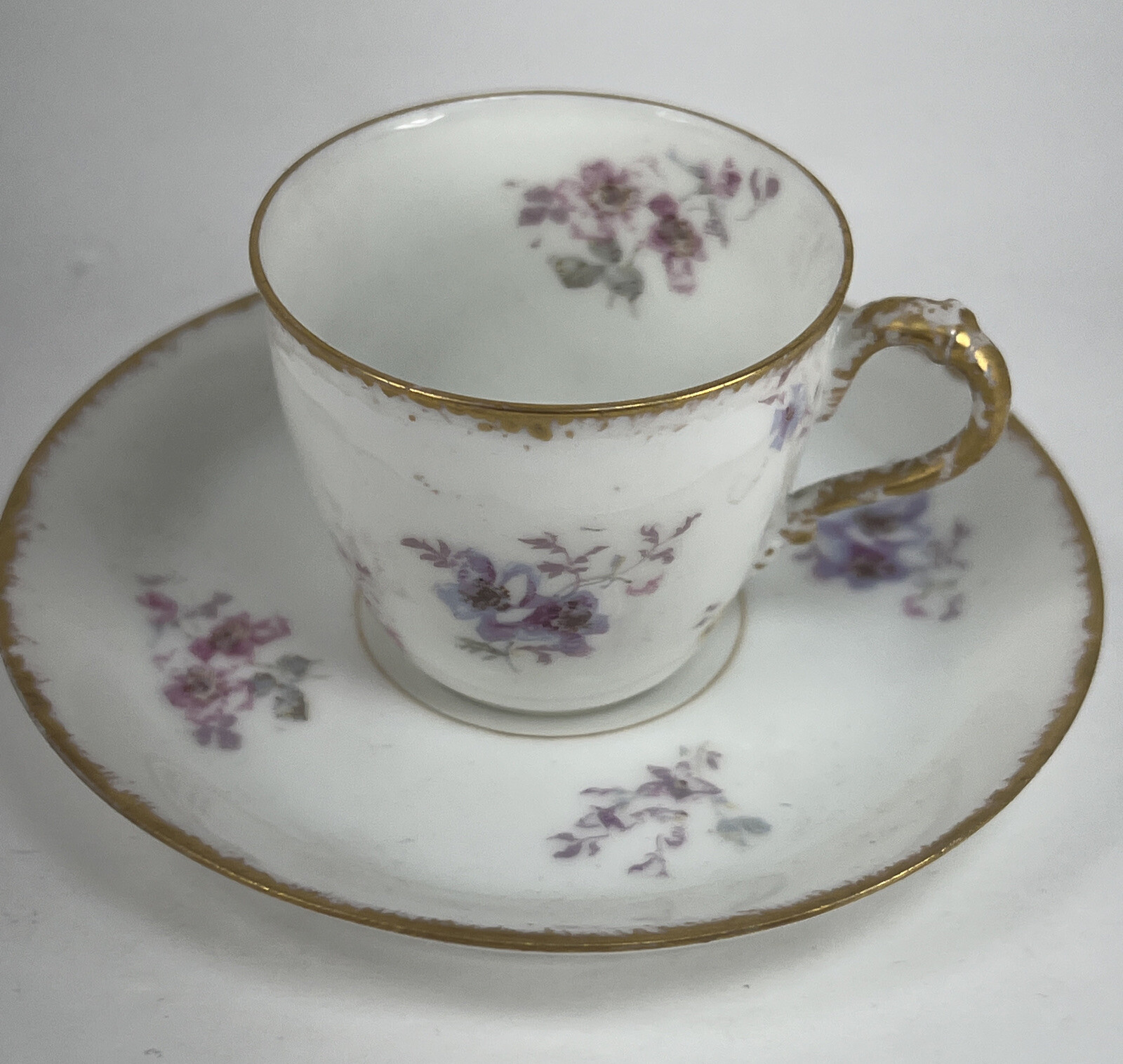 ANTIQUE FRENCH LIMOGES DEMITASSE CUP AND SAUCER WHITE Floral GOLD