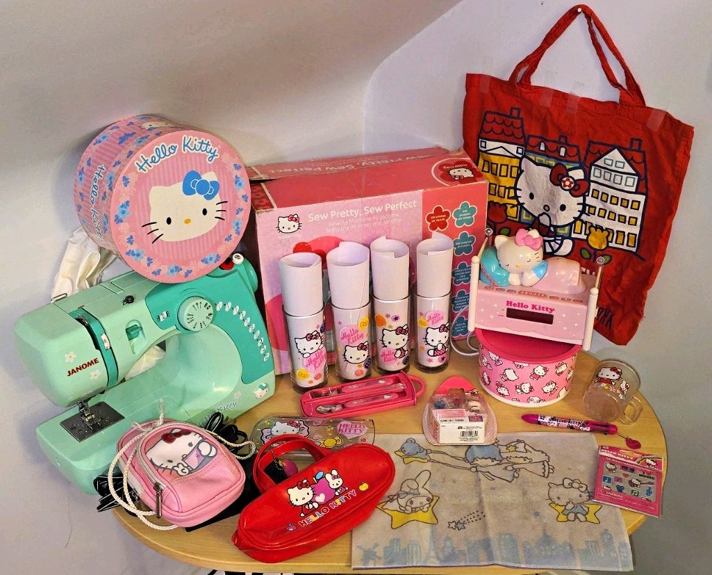 Hello Kitty Lot Y2K Rare 90s-00s Janome Sewing Machine Kitchenware, Alarm Clock