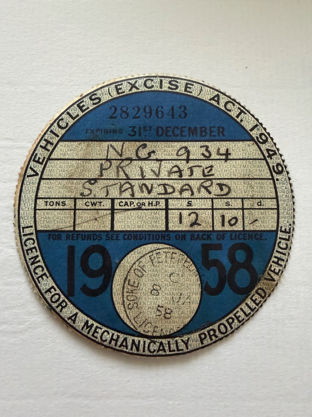 Vintage 1958 Vehile Tax Disc - Orginal NOT a reproduction Vintage 1958 Vehile Tax Disc - Orginal NOT a reproduction