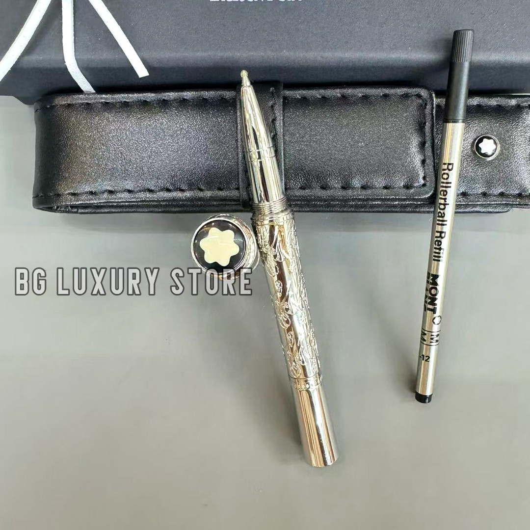 MONTBLANC Silver Floral Engraved Rollerball Pen w/ Leather Pouch & Refill