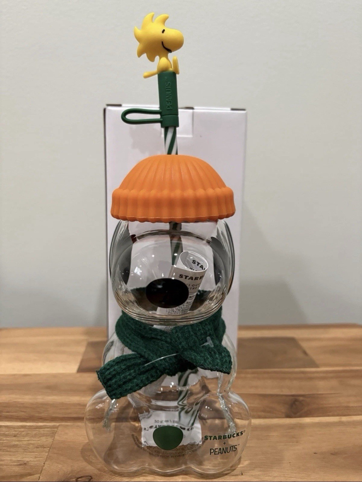 Starbucks x Peanuts Snoopy Clear Glass Cold Cup w/ Straw, Lid, Woodstock Topper
