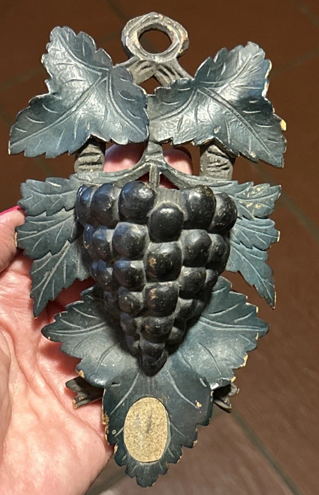 Antique folk carved wood Pocket Match Safe  Americana grapes leaves and frame 