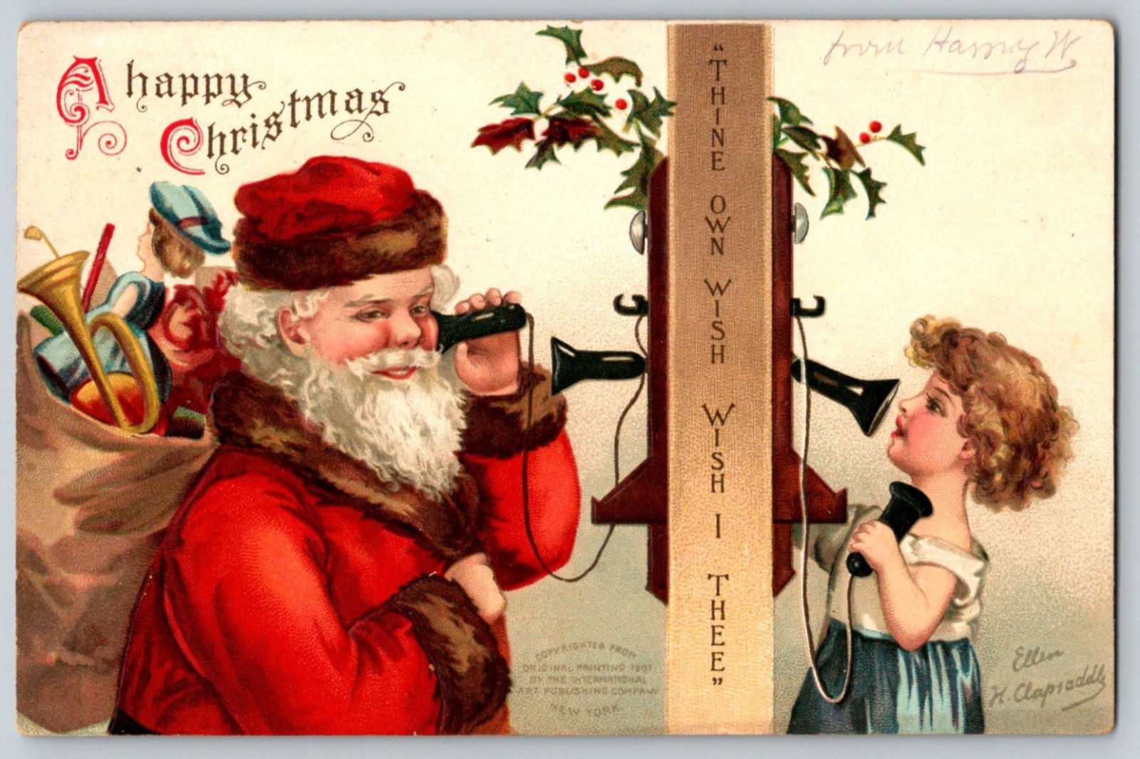 Vtg 1907 Ellen Clapsaddle SANTA TELEPHONE Christmas Postcard Int\'l Art Pub Co Vtg 1907 Ellen Clapsaddle SANTA TELEPHONE Christmas Postcard Int\'l Art Pub Co