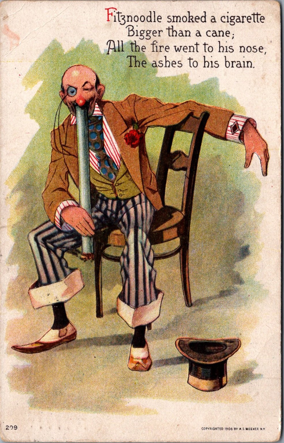 Fitznoodle Smoked Cigarette Comic Postcard 1909 A.S. Meeker Fort Wayne