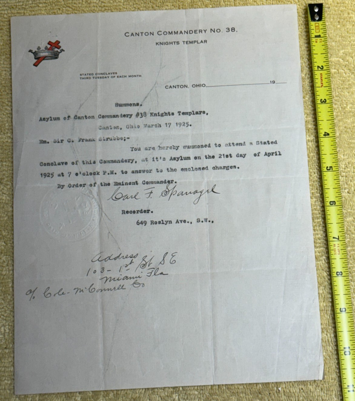 Vintage 1925 Canton, OH Commandery #38 Knights Templar -  Masonic