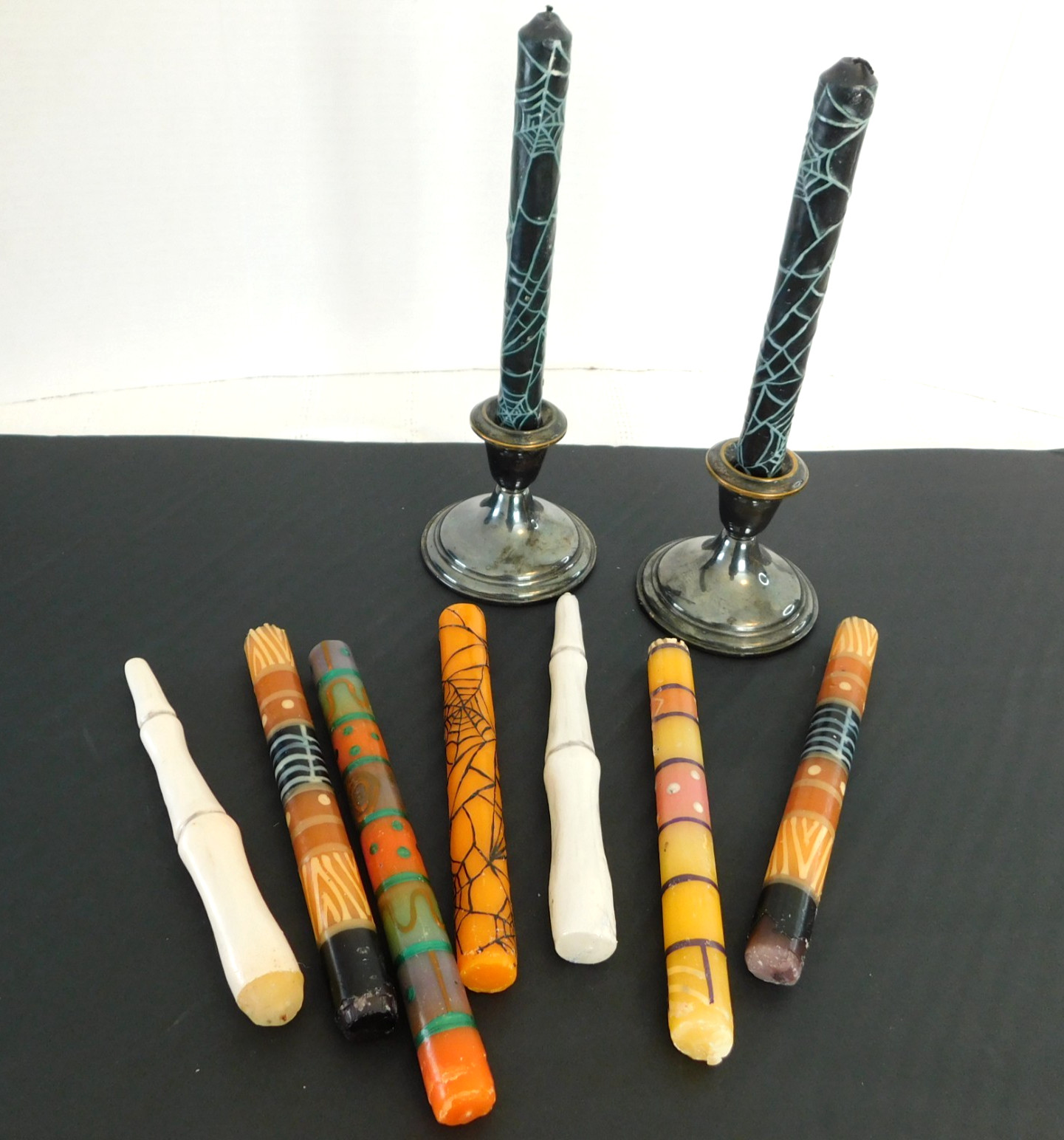 Halloween Candle Lot of 9 with Vintage Pilgrim Silverplate Candlesticks Holders