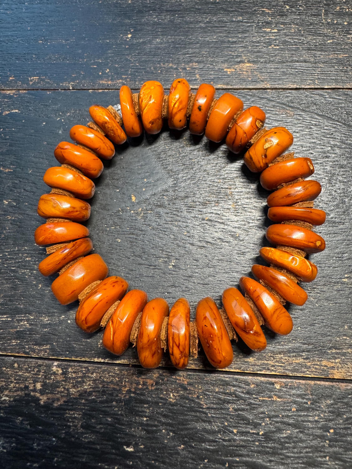 Natural Dark Honey Baltic Amber Bracelet with Leather Spacers, 17mm Beads, Fits