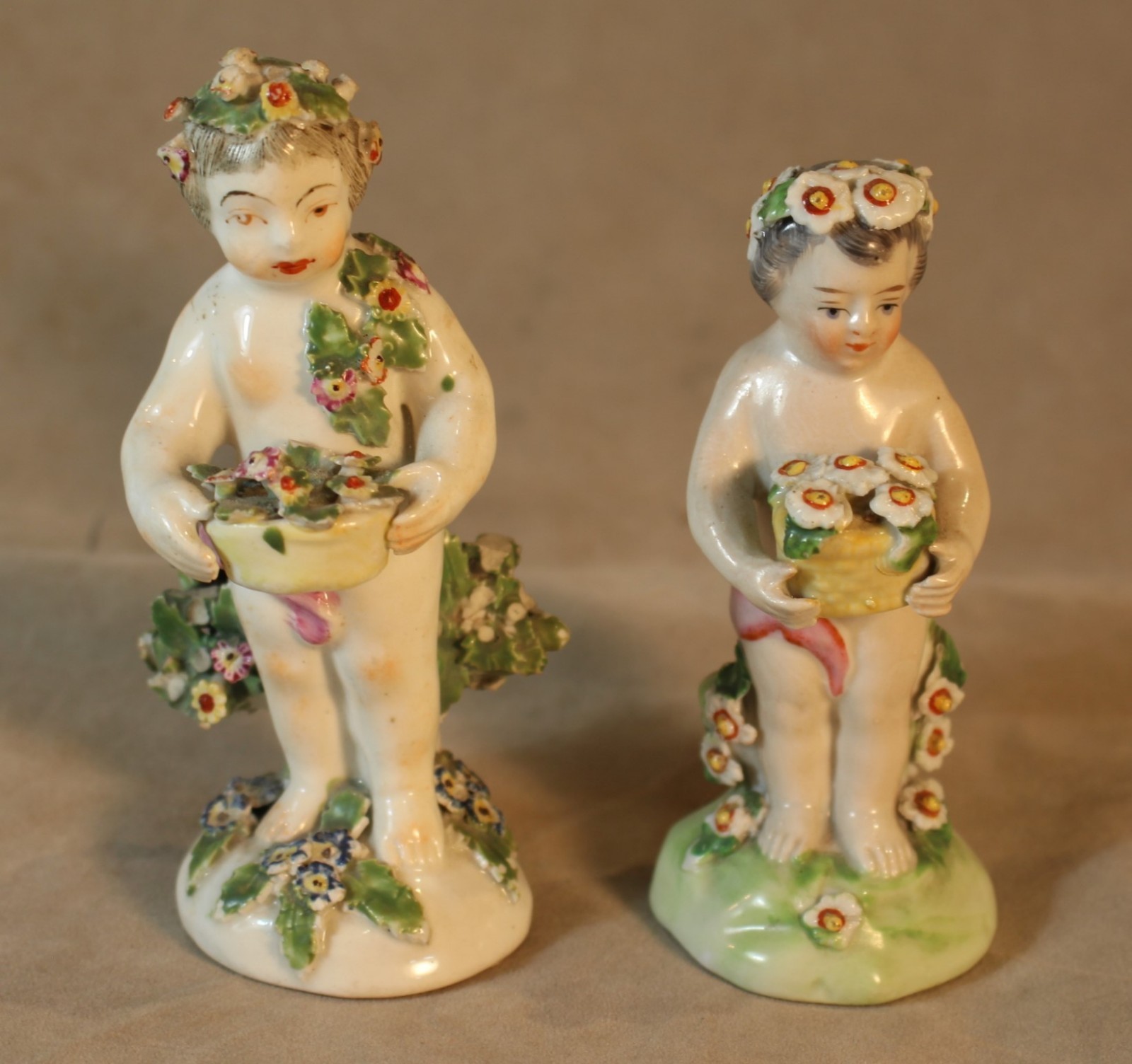 Pair George III Period English Derby Porcelain Flower Bearing Children c. 1790 Pair George III Period English Derby Porcelain Flower Bearing Children c. 1790
