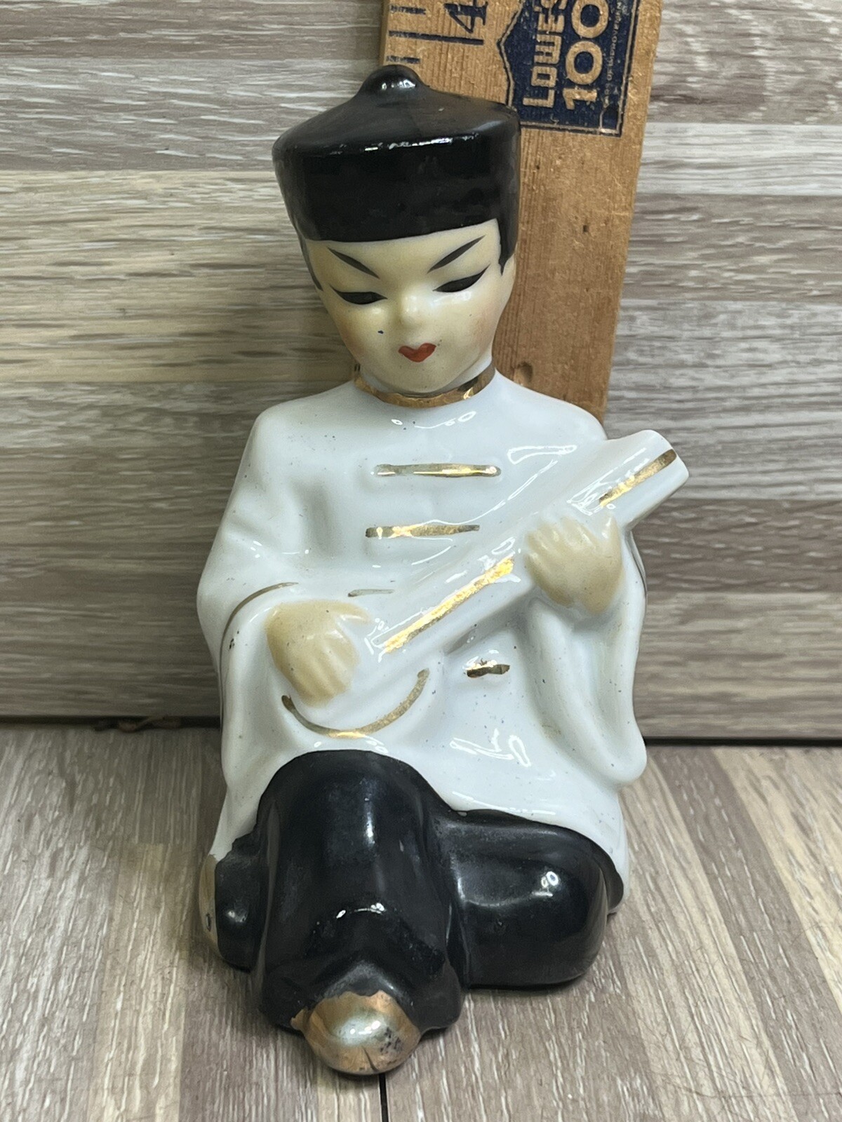 Vintage Sitting Asian Boy Figurine Glazed Ceramic With Gold Paint and Gold Trim 
