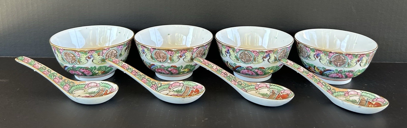 Famille Rose Medallion Rice Bowls & Spoons 8 Pieces Hand Painted ACF Hong Kong Famille Rose Medallion Rice Bowls & Spoons 8 Pieces Hand Painted ACF Hong Kong