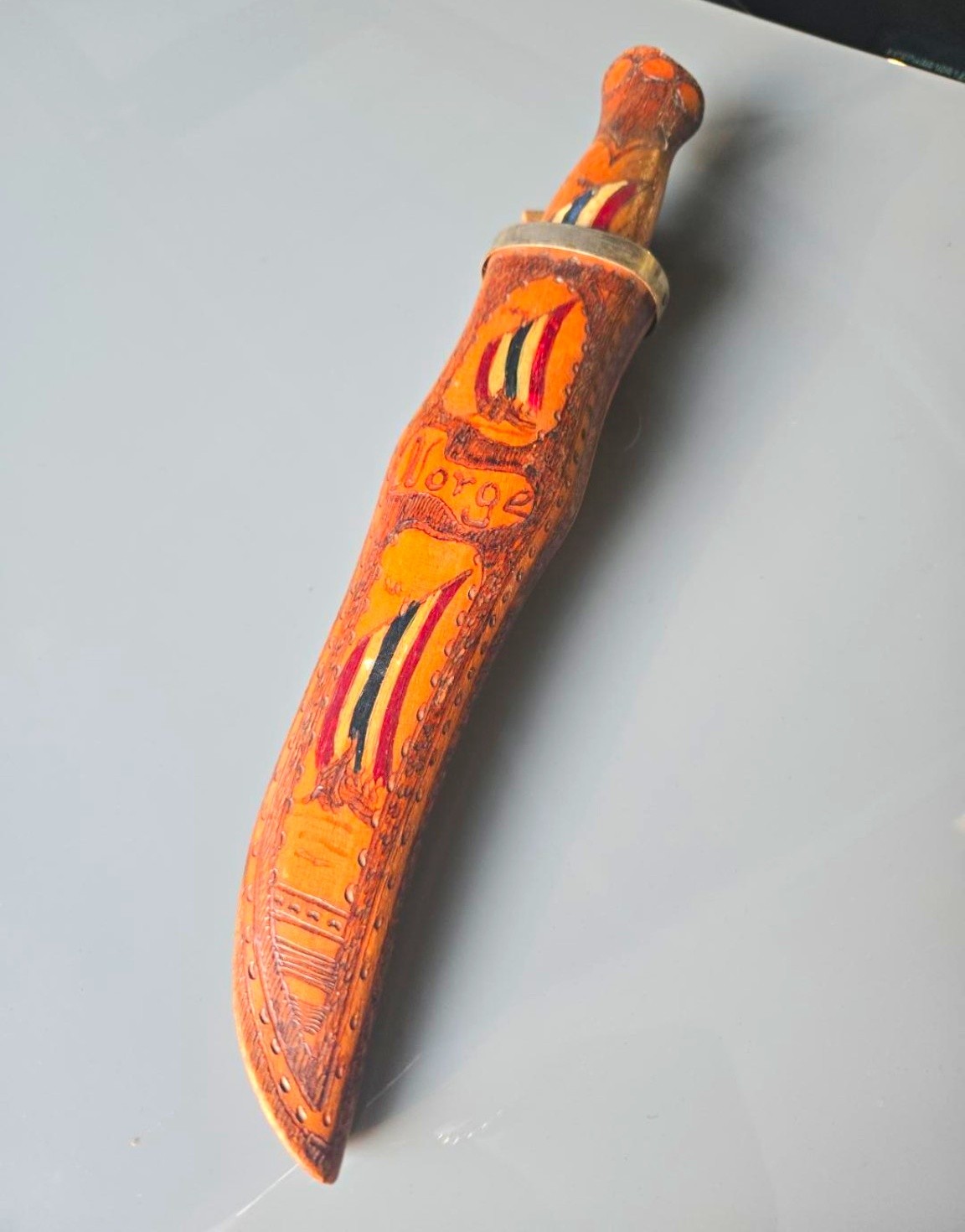 Vintage Norwegian Geilo Folk Art Knife Norge Viking Ship Wood Sheath 1940s