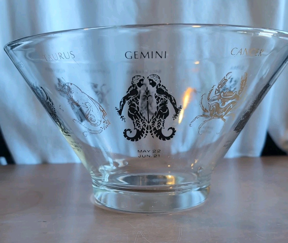 Vtg. Mid Century Zodiac Glass Bowl/ Salad. Black Gold, Entertaining  RARE