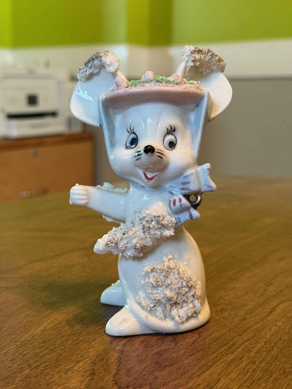 Vintage Porcelain Spaghetti Mouse Figurine Hat Bow MCM Decor Vintage Porcelain Spaghetti Mouse Figurine Hat Bow MCM Decor