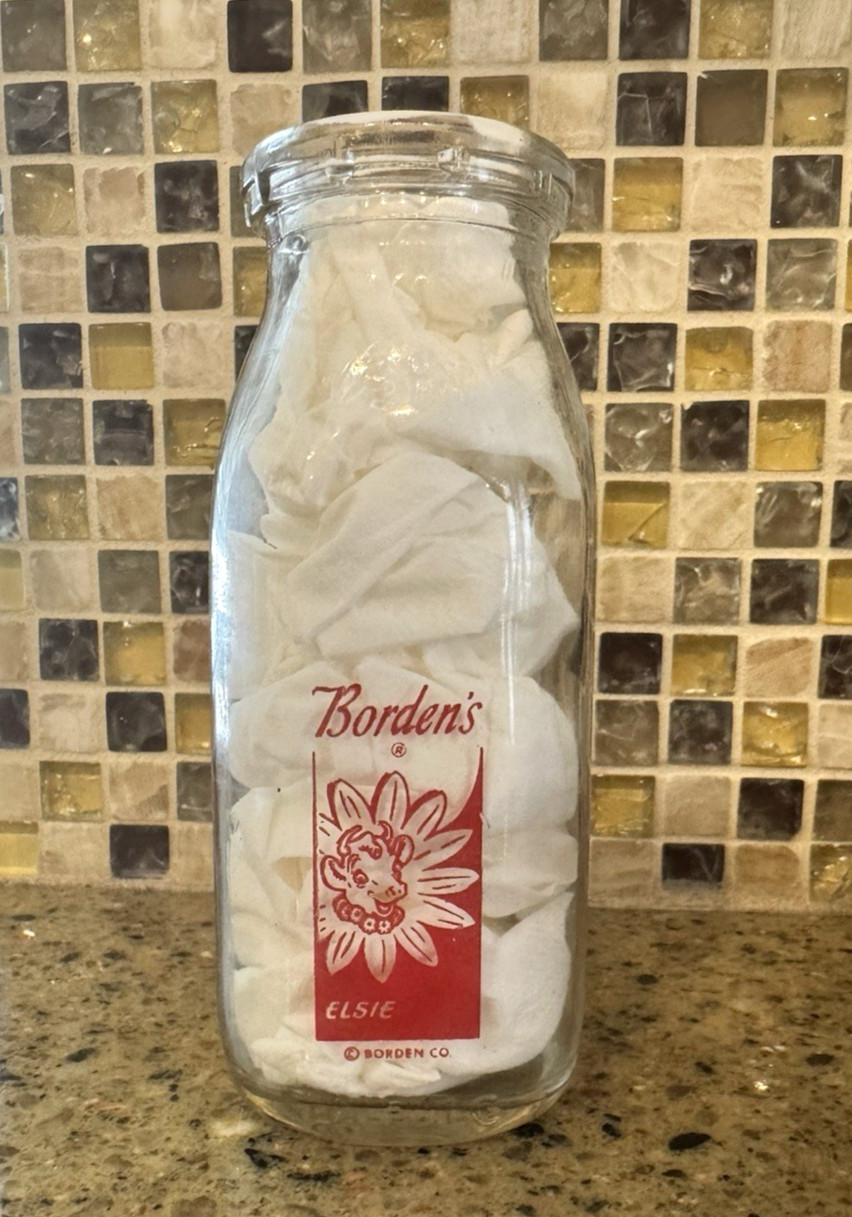 VINTAGE BORDENS 1/2 PINT MILK BOTTLE ELSIE THE COW BORDENS RED SQUARE LOGO VINTAGE BORDENS 1/2 PINT MILK BOTTLE ELSIE THE COW BORDENS RED SQUARE LOGO