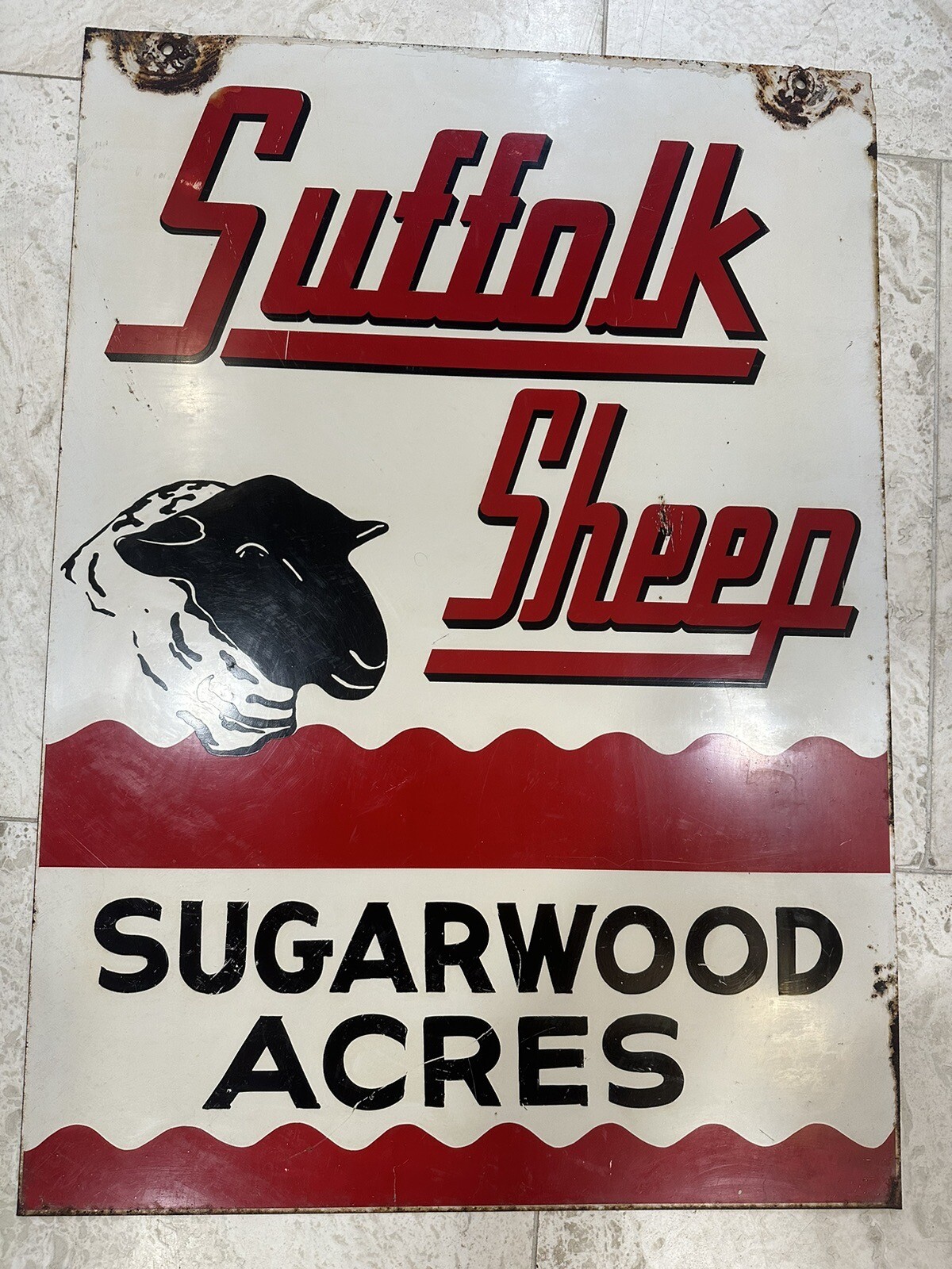 Vintage 1940’s SUFFOLK SHEEP Painted Metal Sign Merino Hampshire Original 20x28”
