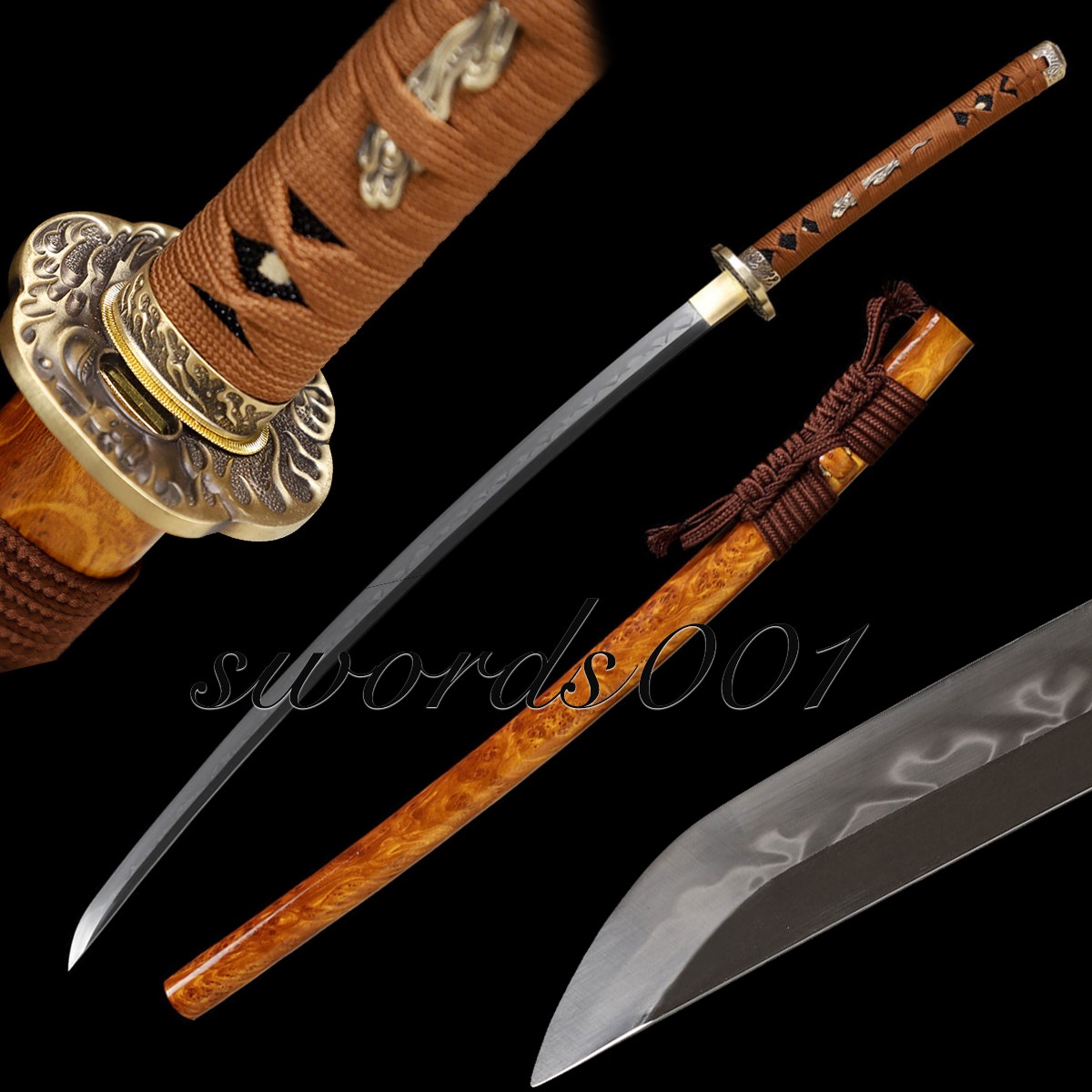 Elegant Japanese Samurai Katana Sword T10 Steel Clay Tempering Brass Fittings