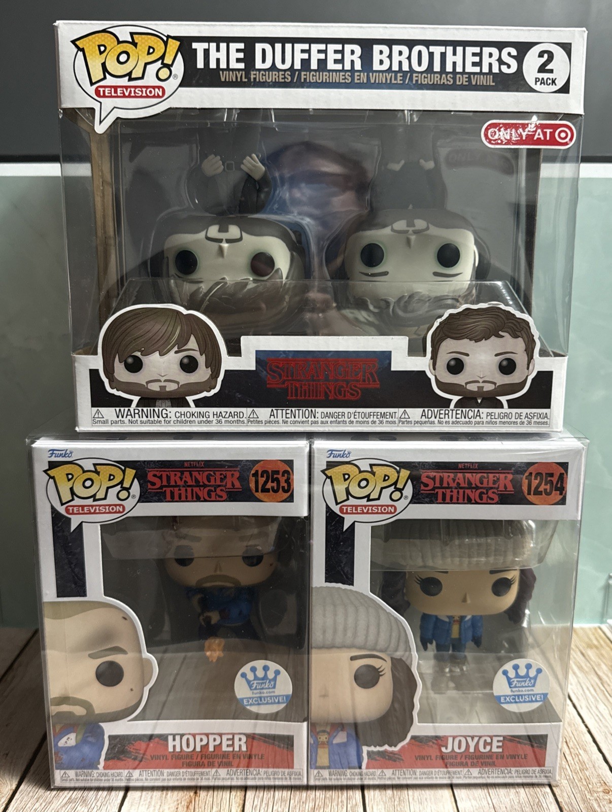 Funko POP Stranger Things Duffer Brothers Hopper Joyce Exclusives, Never opened. Funko POP Stranger Things Duffer Brothers Hopper Joyce Exclusives, Never opened.