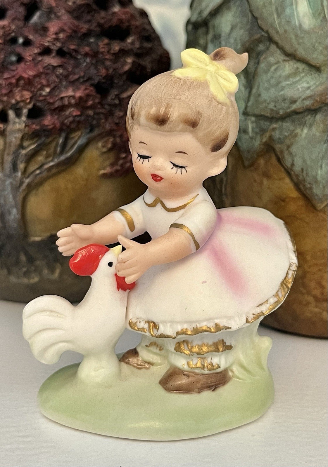 RARE Vintage Norcrest F 141 Pretty Girl Bisque Porcelain Chicken Figurine