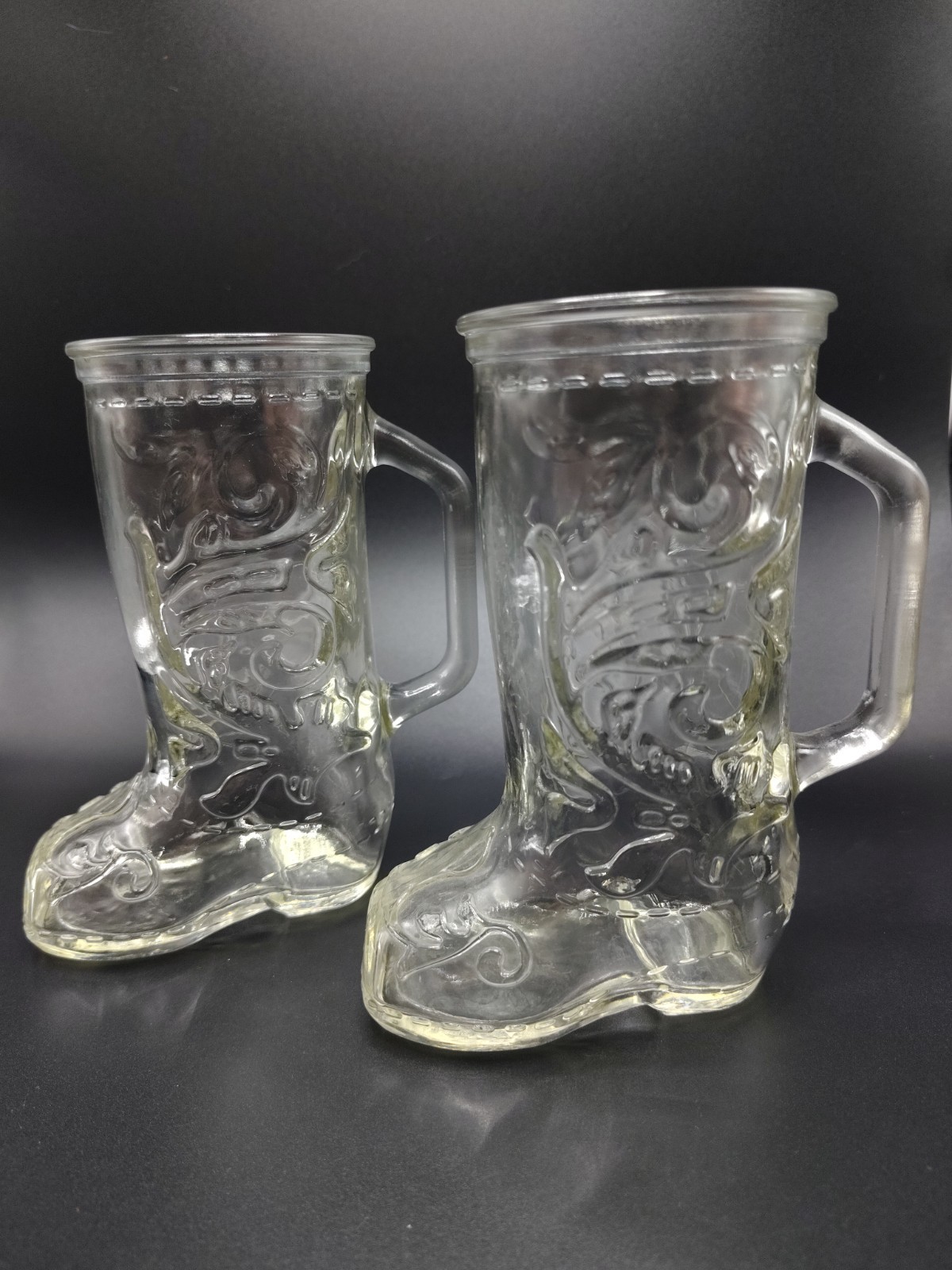 Vintage 70s Set Clear Glass Cowboy Boot Mugs Western Embellished Cowgirl 6\ Vintage 70s Set Clear Glass Cowboy Boot Mugs Western Embellished Cowgirl 6\