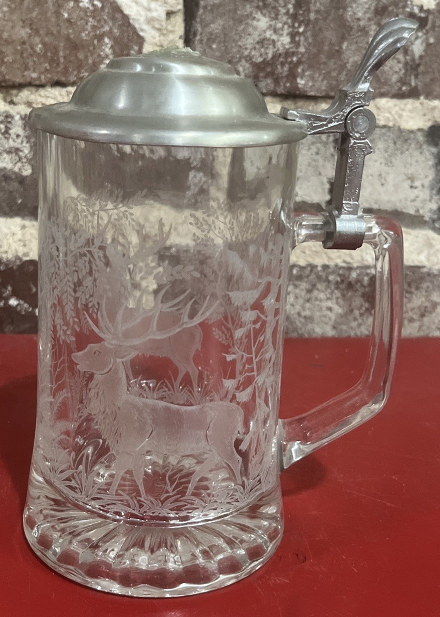 Vintage ALWE Clear Glass Beer Stein - Etched Deer, Pewter Lid, Nature *R
