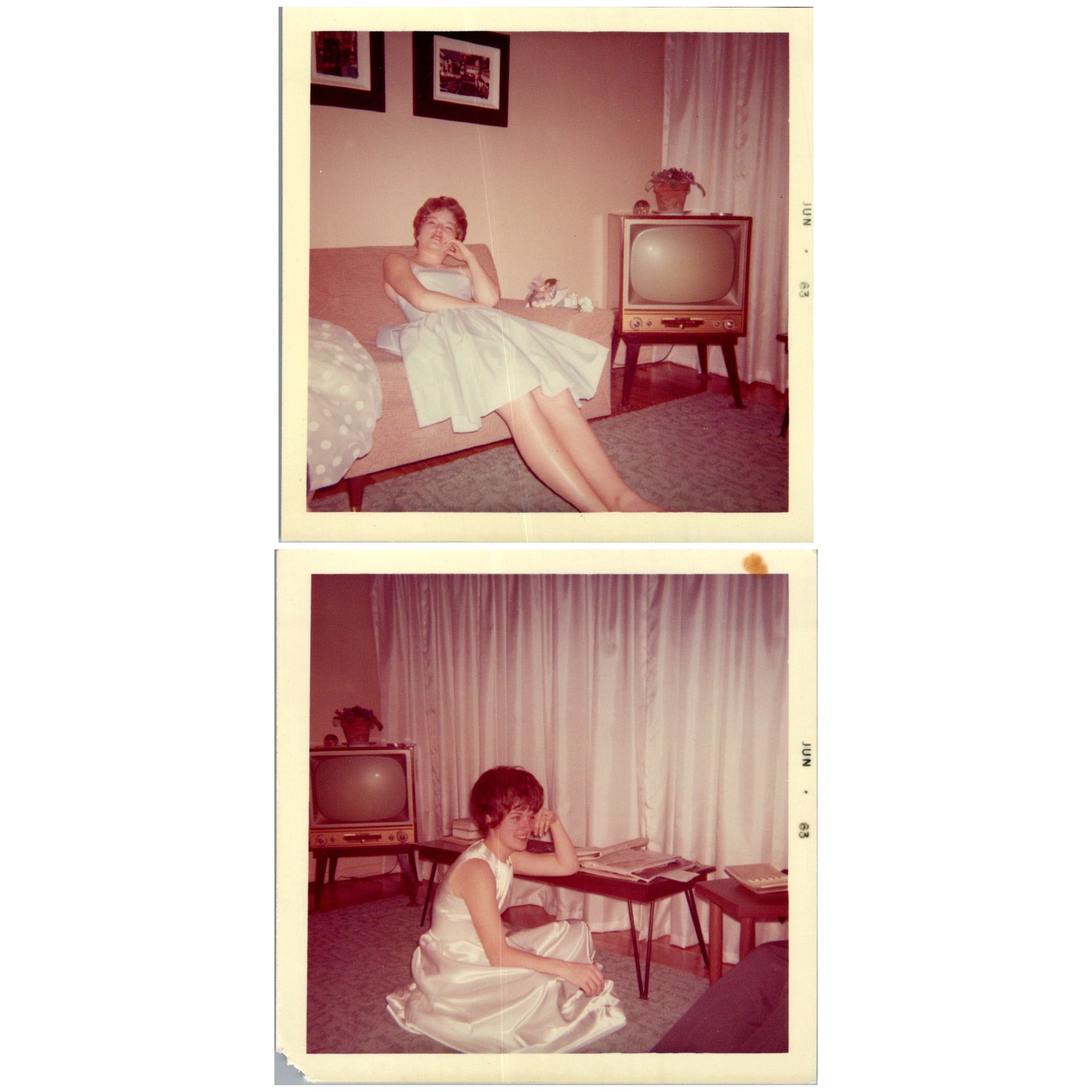 1963 Photograph Pair Woman Midcentury Living Room TV Kodak Snapshot 60s 1963 Photograph Pair Woman Midcentury Living Room TV Kodak Snapshot 60s