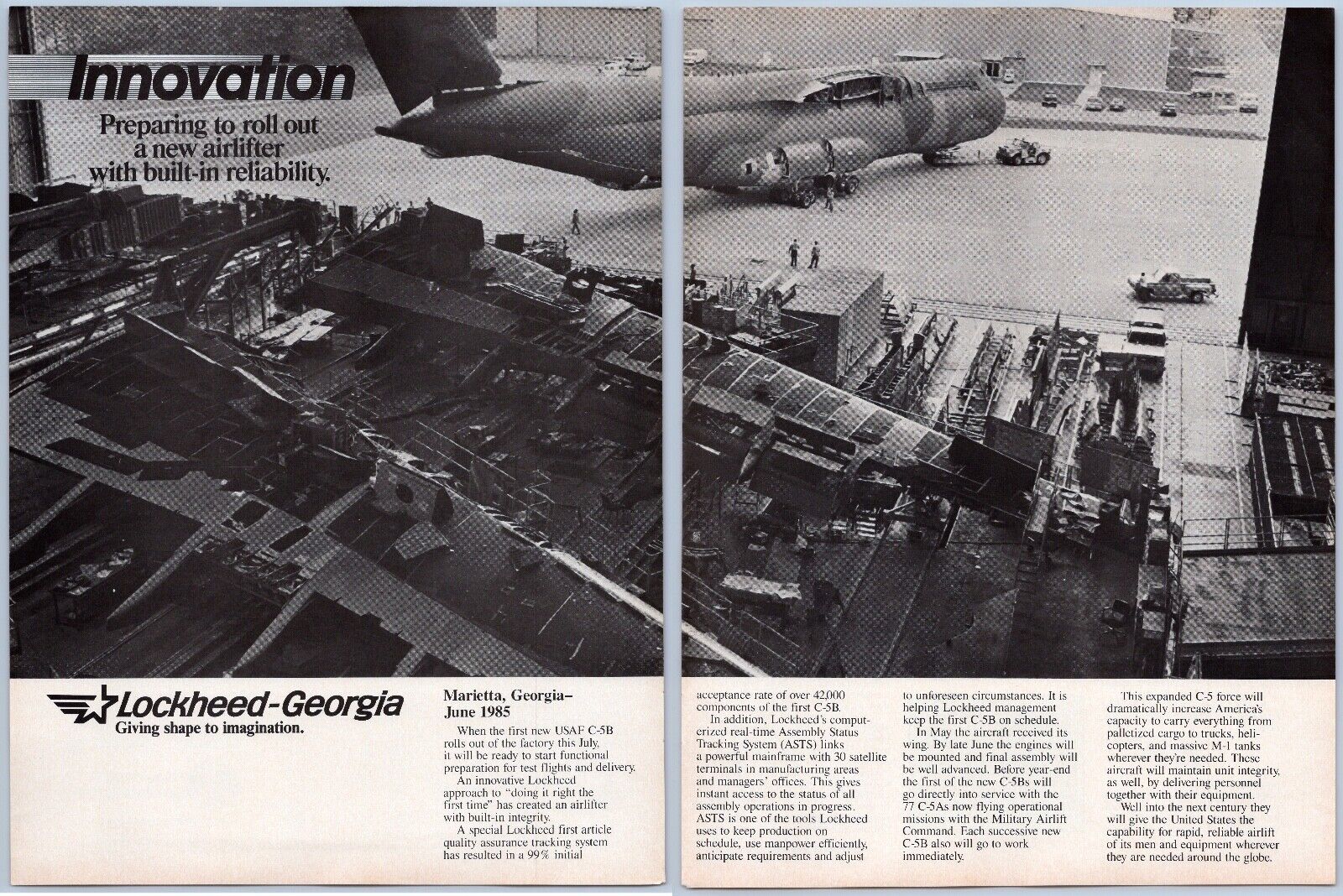 1985 Lockheed Georgia Aviation Ad USAF C-5B Galaxy Production Line Factory