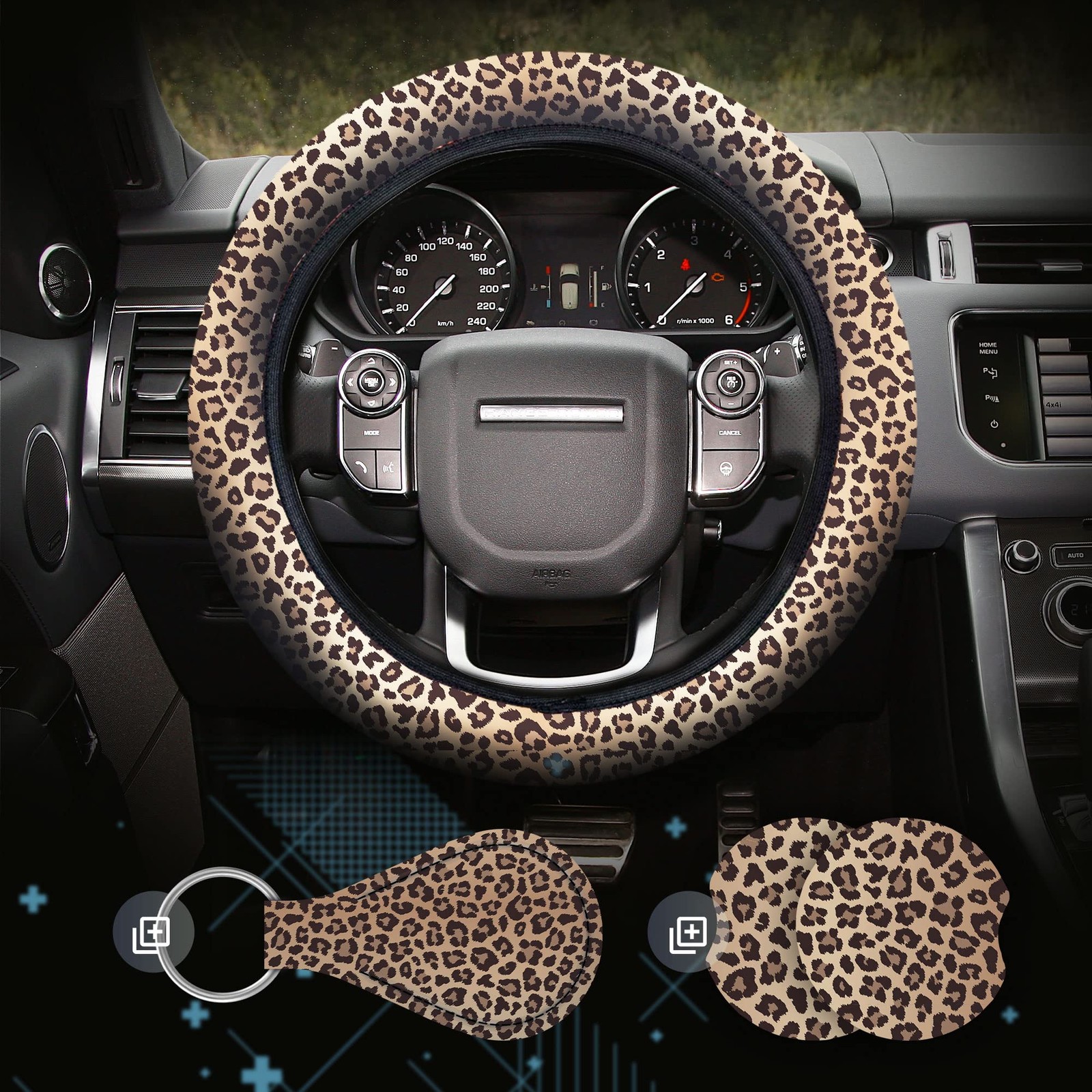 4 Pieces Leopard Cheetah Print Steering Wheel Cover Set Universal, 4 Pieces Leopard Cheetah Print Steering Wheel Cover Set Universal,