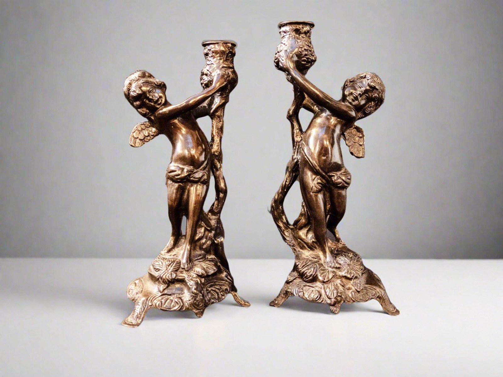 Vintage French Bronze Cherub Statues Pair Heavy Winged Putti Angel Candle Holder