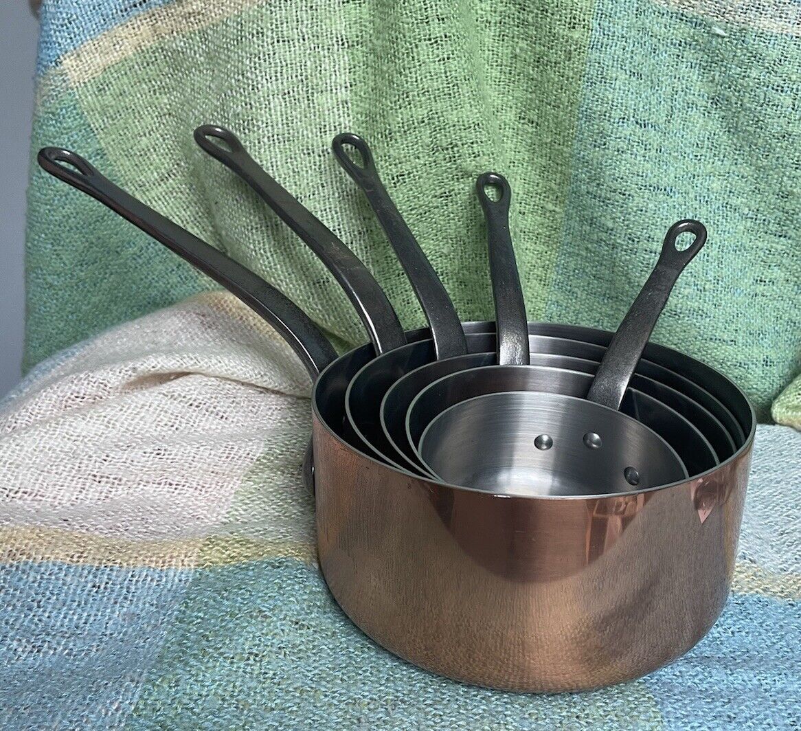 Vintage French Copper Saucepans Set 5 Tournus Made in France Heavy Aluminum Core