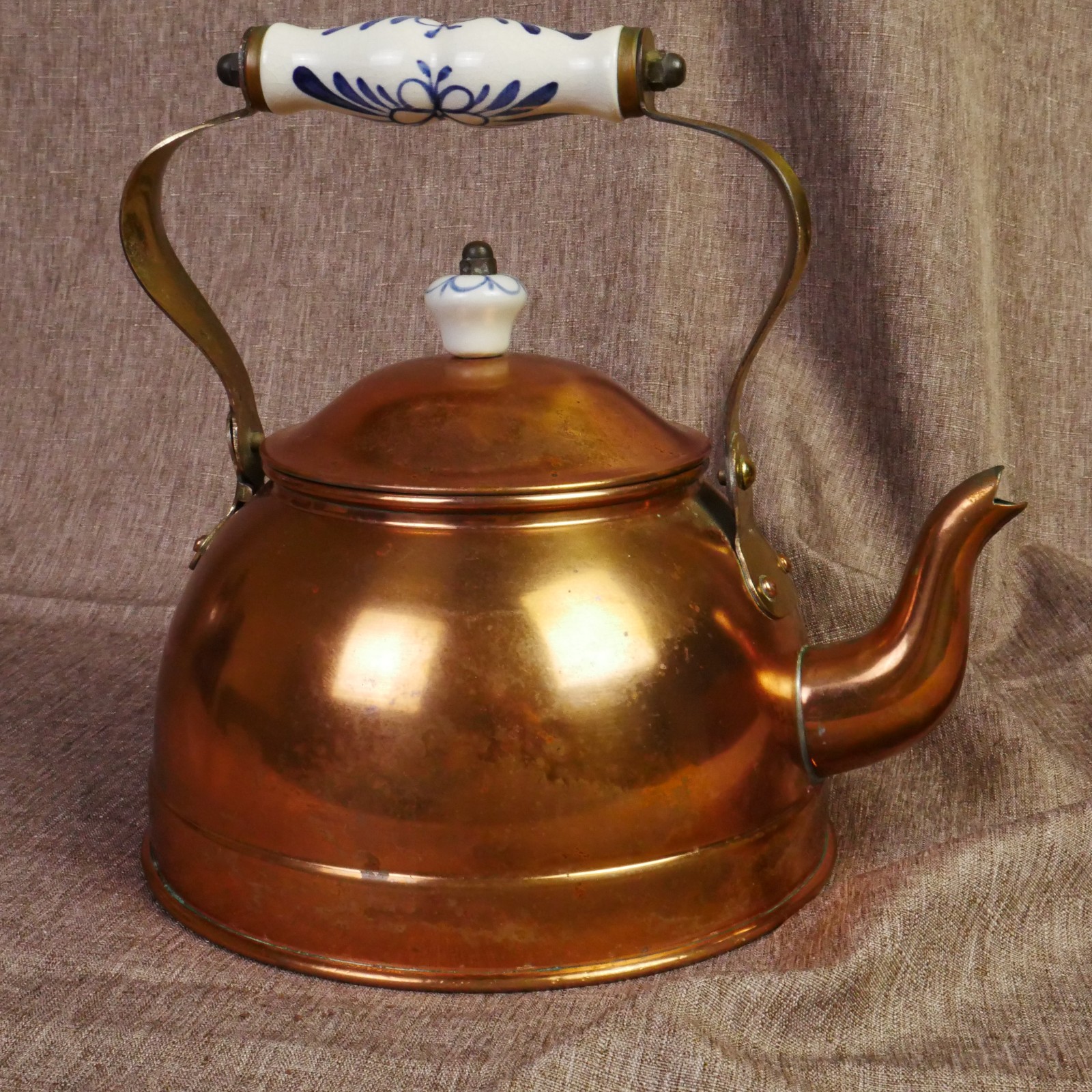 Vintage Solid Copper Tea Kettle with Blue Porcelain Handle Portugal