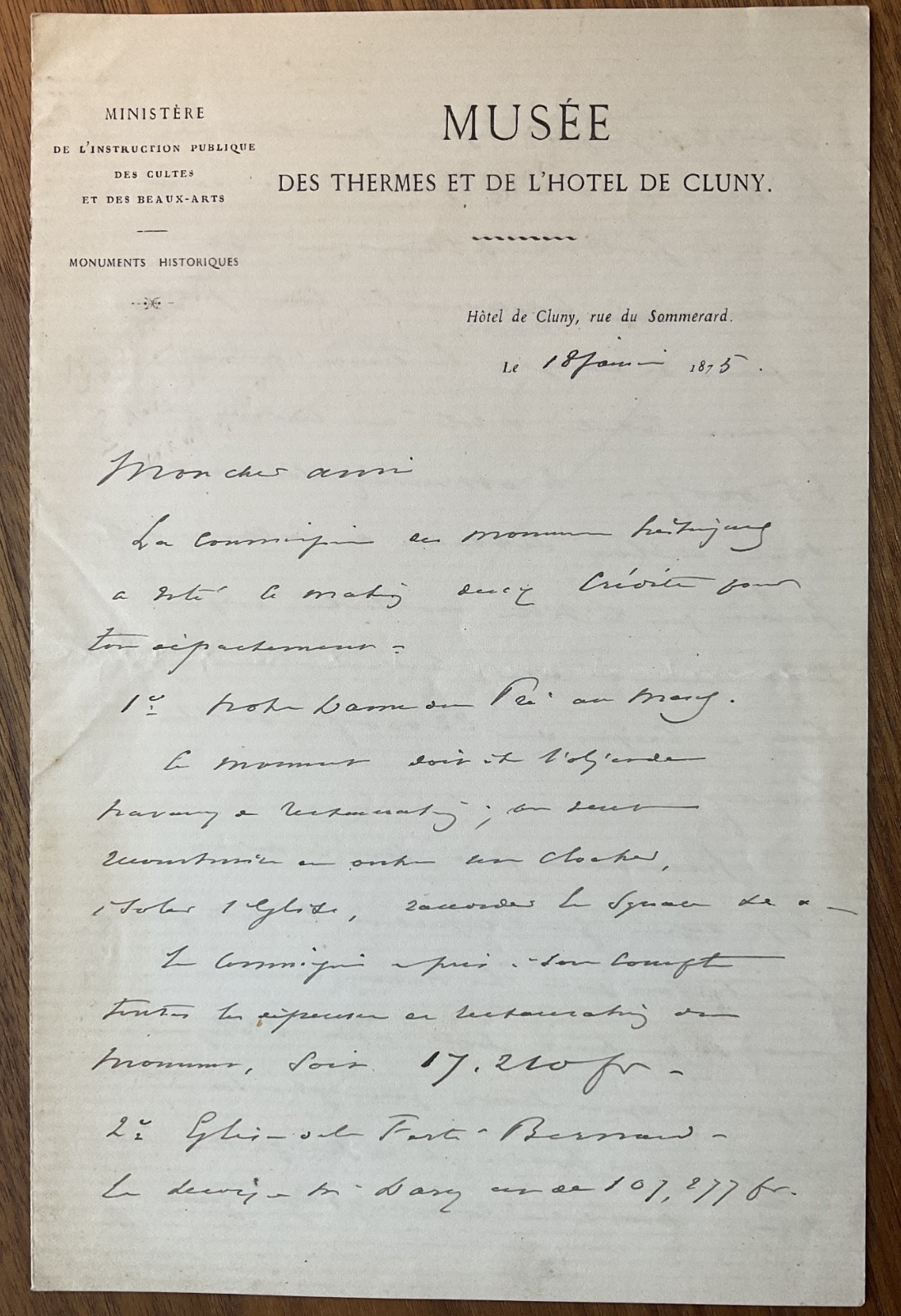 Edmond de Sommerard Signed Letter 1875 re Monument / Autographed French Edmond de Sommerard Signed Letter 1875 re Monument / Autographed French