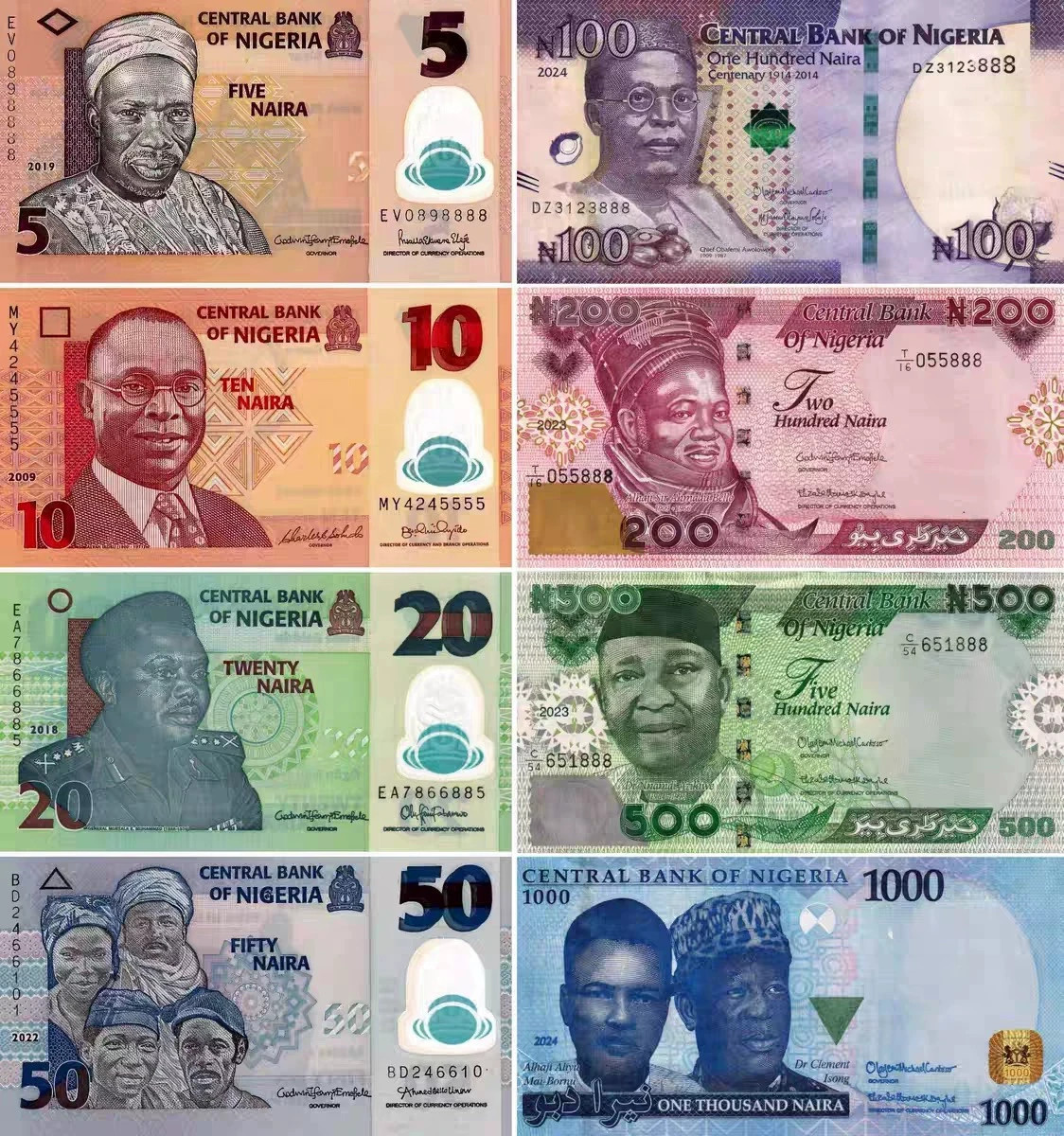SET Nigeria 5-1000 Naira banknotes+plastic banknotes/UNC