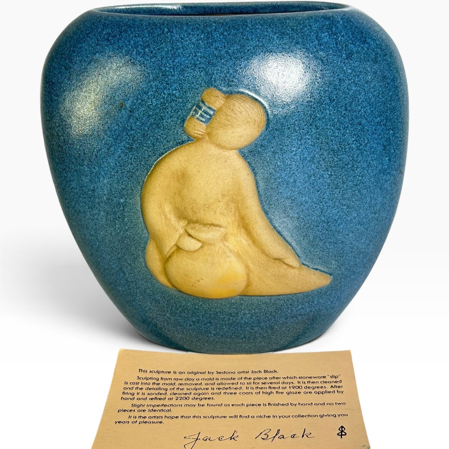Vintage 1987 Jack Black Studio Pottery Vase Native American 3D Relief Blue 8.5\