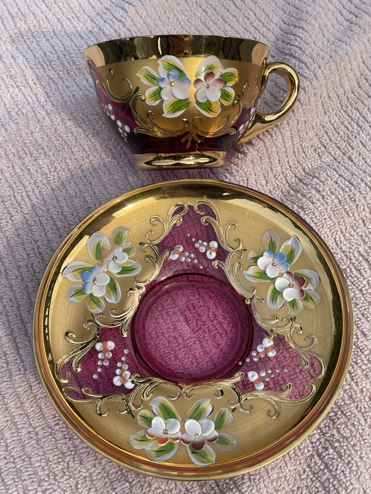 Vintage RTL Bohemian Czech Cranberry Glass Cup Saucer Enamel Gold Gilt