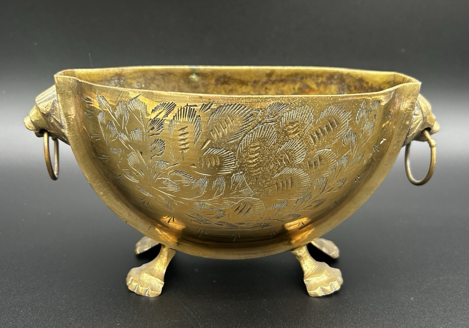 Vintage Oblong Etched Brass Jardiniere Footed Planter Holder Lion Head Handles