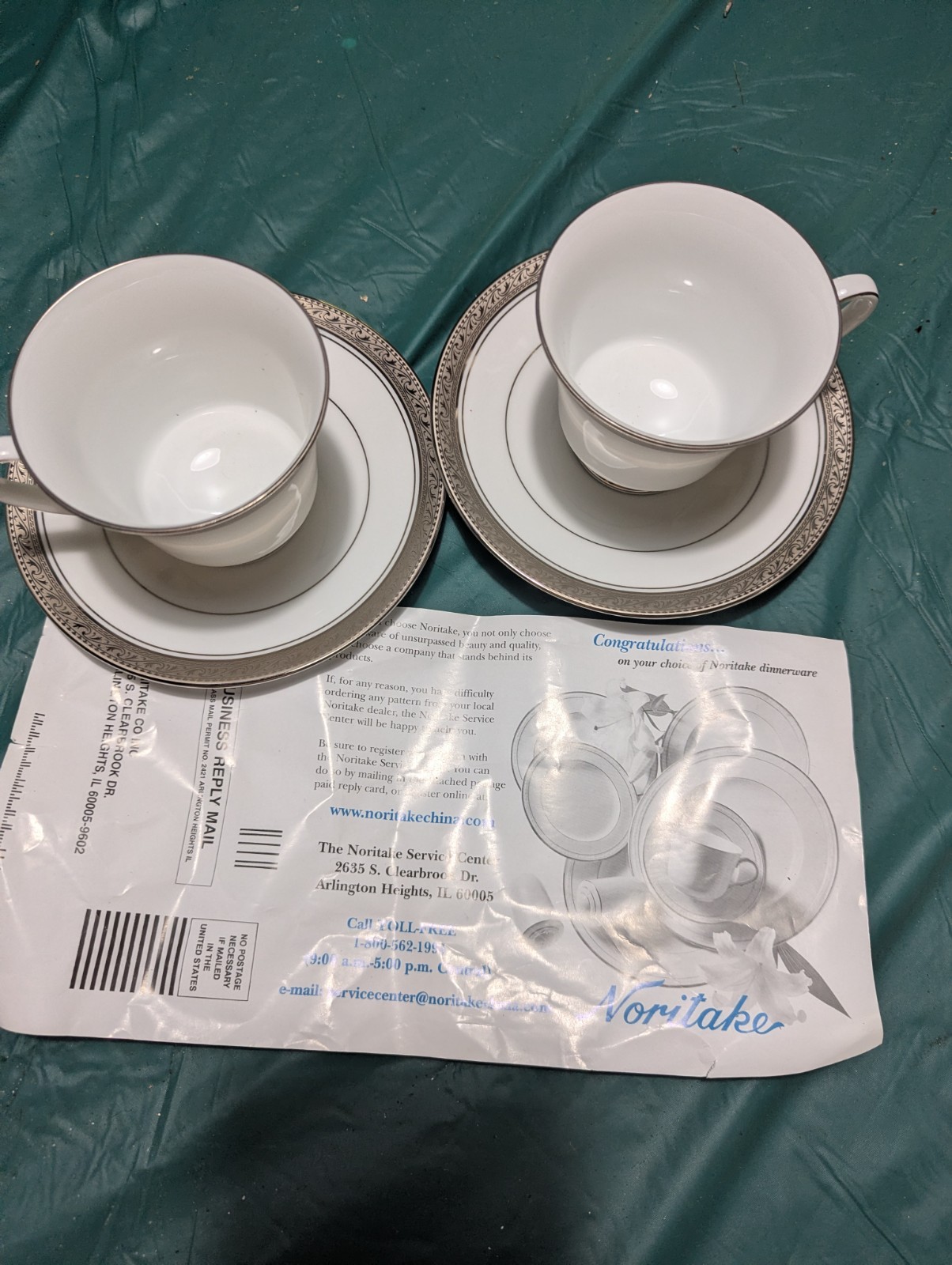 Noritake Crestwood Platinum #4166 Footed Cups & Saucers 4 Sets Porcelain