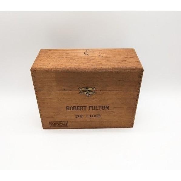Antique Vtg Robert Fulton Wooden Cigar Box Hinged Lid Tobacco Storage Case Large