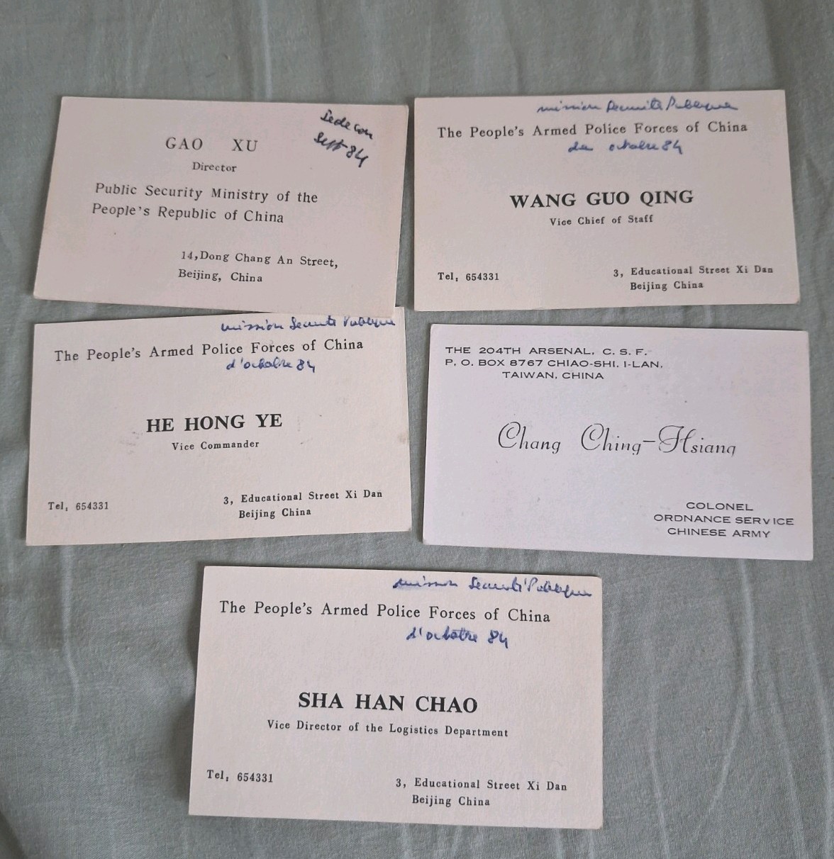 Five Vintage Business Cards - China army police intelligence