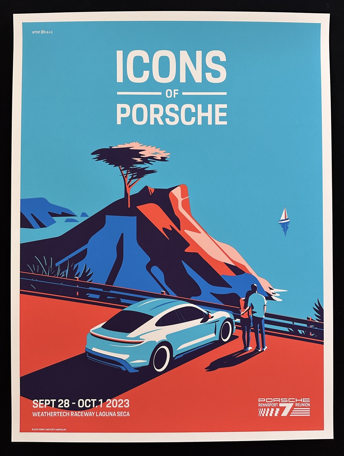 2023 PORSCHE Rennsport Reunion 7 Poster Taycan Lone Cypress Pebble Beach B.A.V.Z