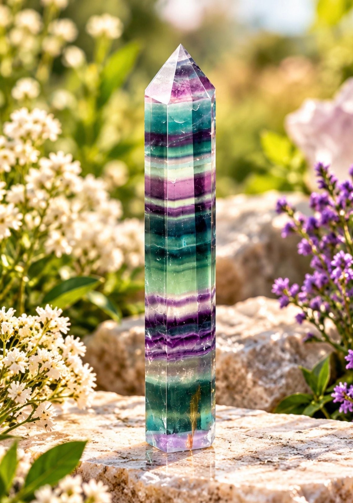 Natural Rainbow Fluorite Crystal Tower Polished Healing Point Wand Stone Gem WOW