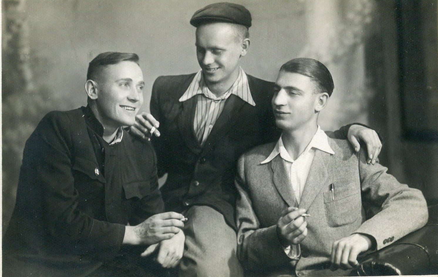 Three Handsome young men hug smoking portait gay vtg photo
